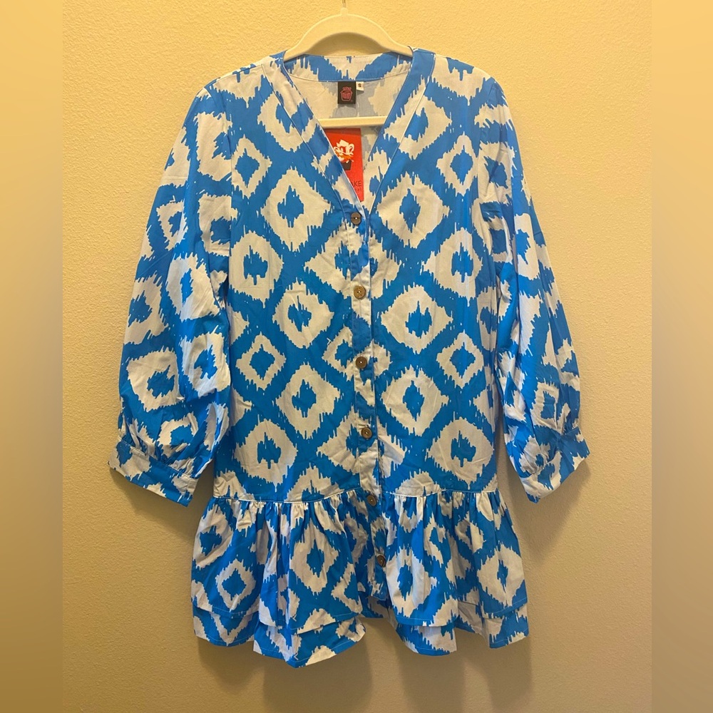 CUPCAKE BLUE AND WHITE MINI DRESS LONG SLEEVES WITH RUFFLES